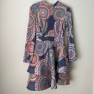 CQbyCQ Blue , green Print Mock Neck Dress padded shoulders, long Sleeves